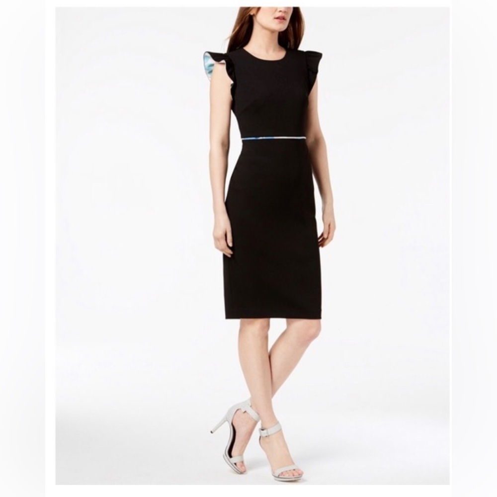 Calvin Klein Black Midi Dress with Ruffle Detail Career, Professional Classic